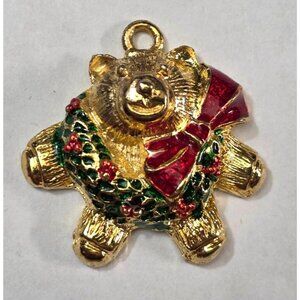 Vintage Gold Tone Teddy Bear Charm Pendant‎ Enamel Wreath Bow Christmas Holiday